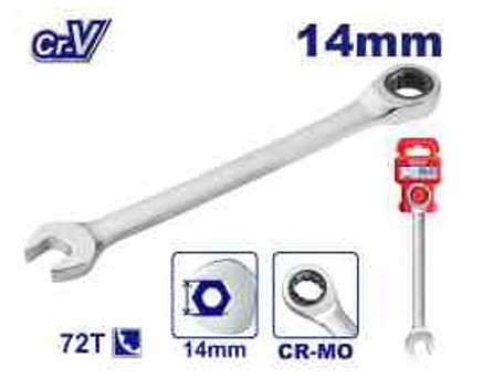 Ratchet Spanner 14mm, 190mm Length, Cr-V, 72T Ratchet Gear, 12-Point, Chrome Plated Matt Finish